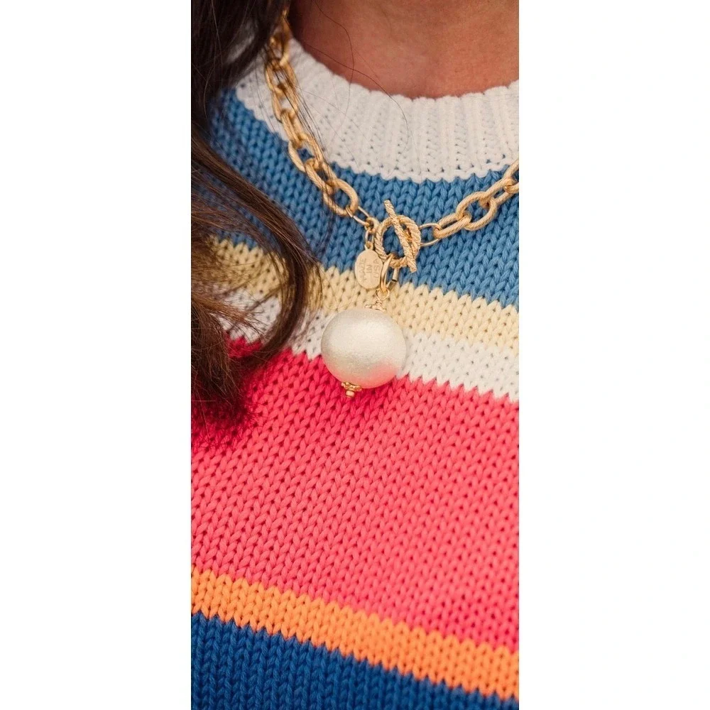 Chunky Gold Tone‎ Chain Necklace with Large White Pearl Pendant Toggle Clasp